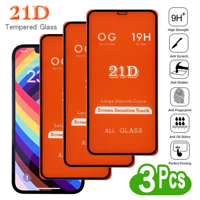 3Pcs 21D HD Tempered Glass For iPhone 11 12 13 PRO MAX X XS XR 6 7 8 14 Plus Mini SE 2020 Screen Protector Full Cover Protective
