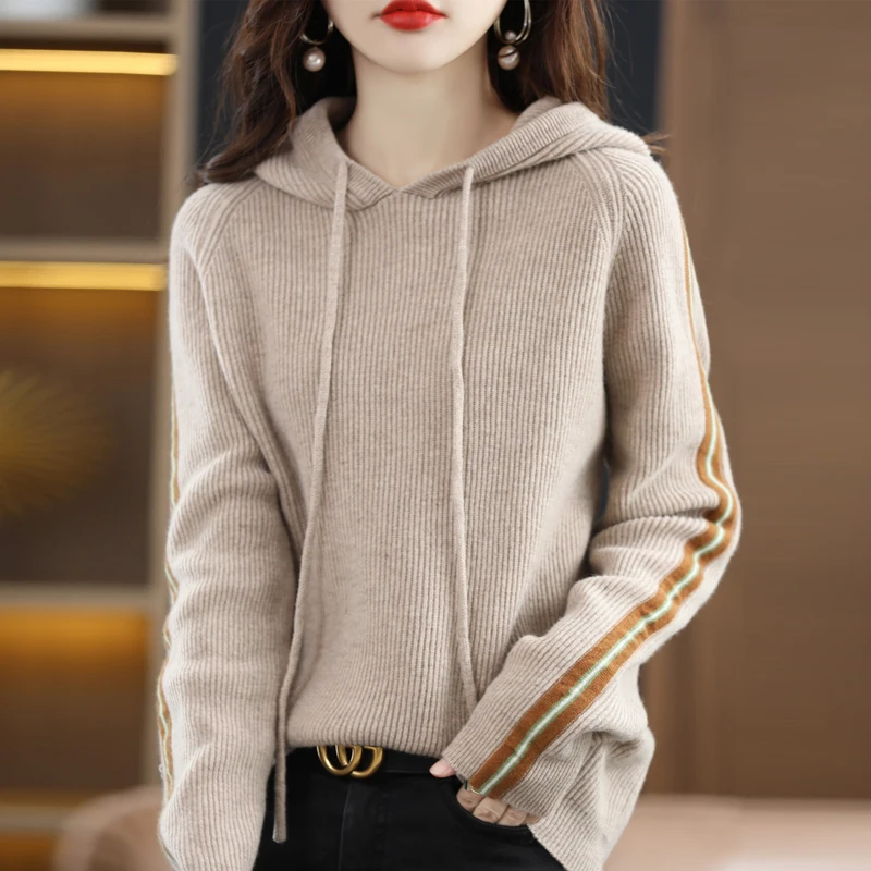 

Pullover 100% Wool Cashmere Sweater Casual Warm Ladies Knitting New Long Sleeve Pure Wool Hooded Sweater Autumn and Winter