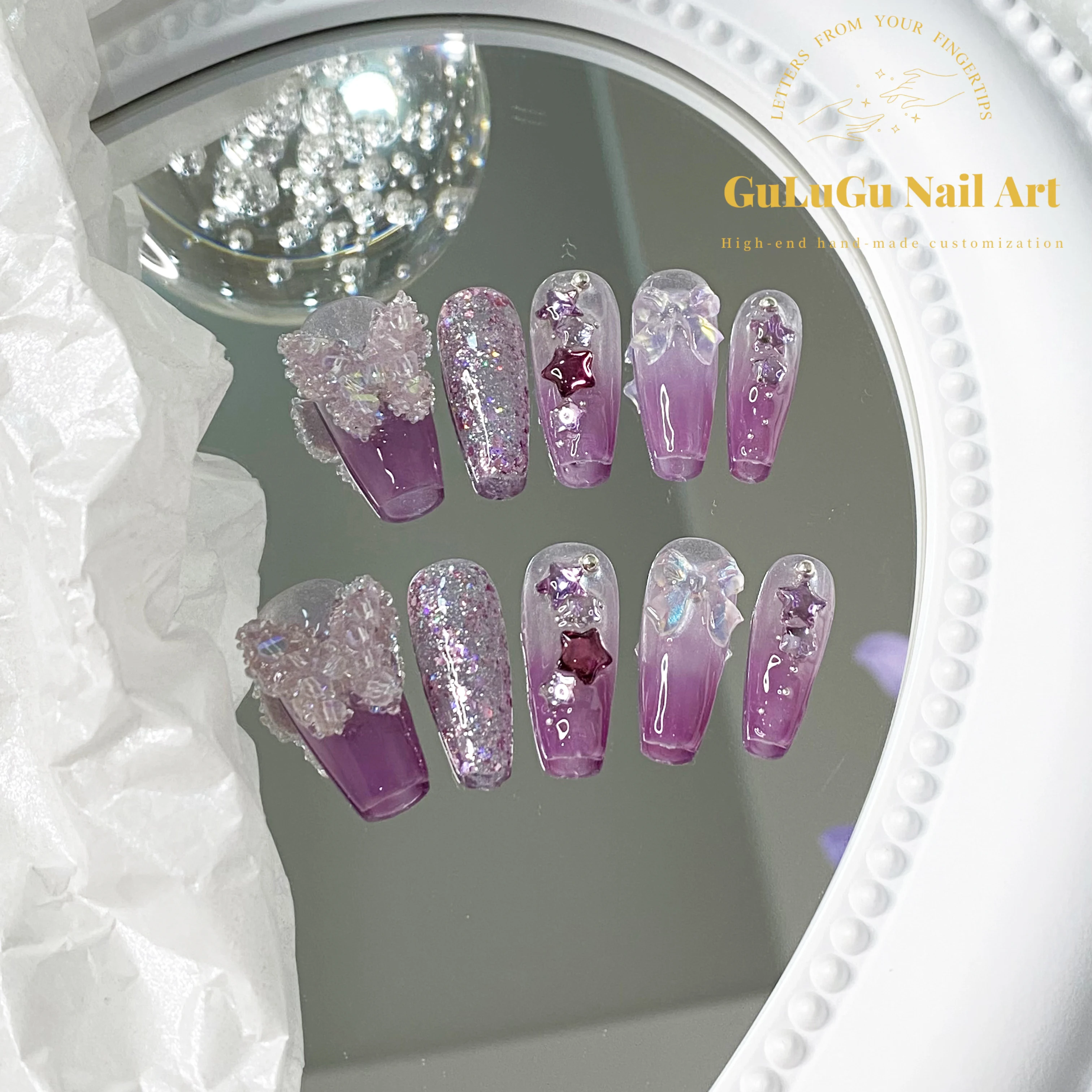 12 Pieces/Box Handmade Haute Couture Purple Butterfly Super Shiny Dreamy Design Sense Female Fake Nails