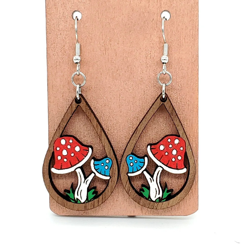 

Dangling Wooden Mushroom Earrings Hand Painted Summer Trendy Cute Mushroom Earrings for Women Fungi Artwork Jewellery Cottagecor