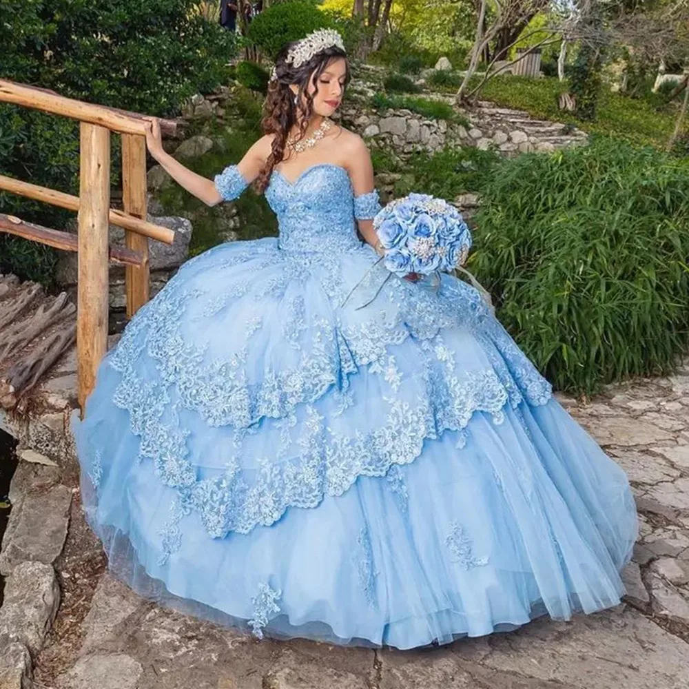 

Женское блестящее платье принцессы, светло-Голубое Бальное платье со съемными рукавами, милое кружевное платье 15 цветов с аппликацией и бле...