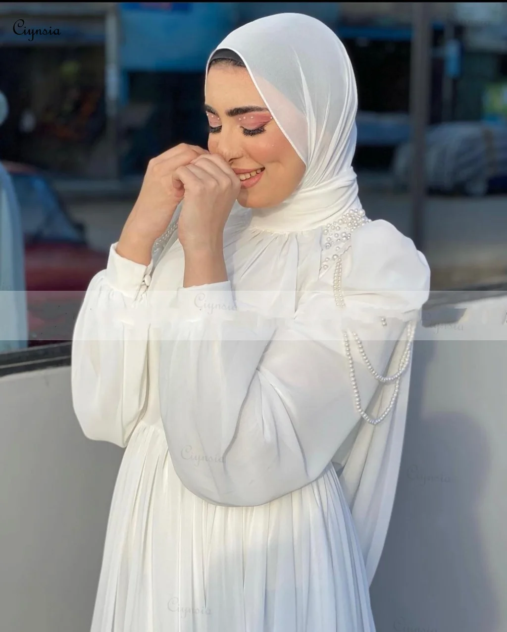 Ciynsia Eleagnt A Line White Wedding Dresses Vestidos De Novia High Neck Long Sleeves Chiffon Pearls Muslim Hijab Bridal Gown