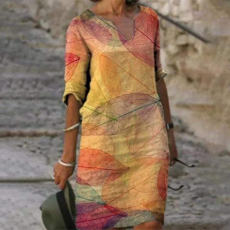 

Elegant Women Dress Summer Vintage Print V-Neck Half Sleeve A-Line Dress Sundress 2022 Fashion Female Loose Dresses Vestidos