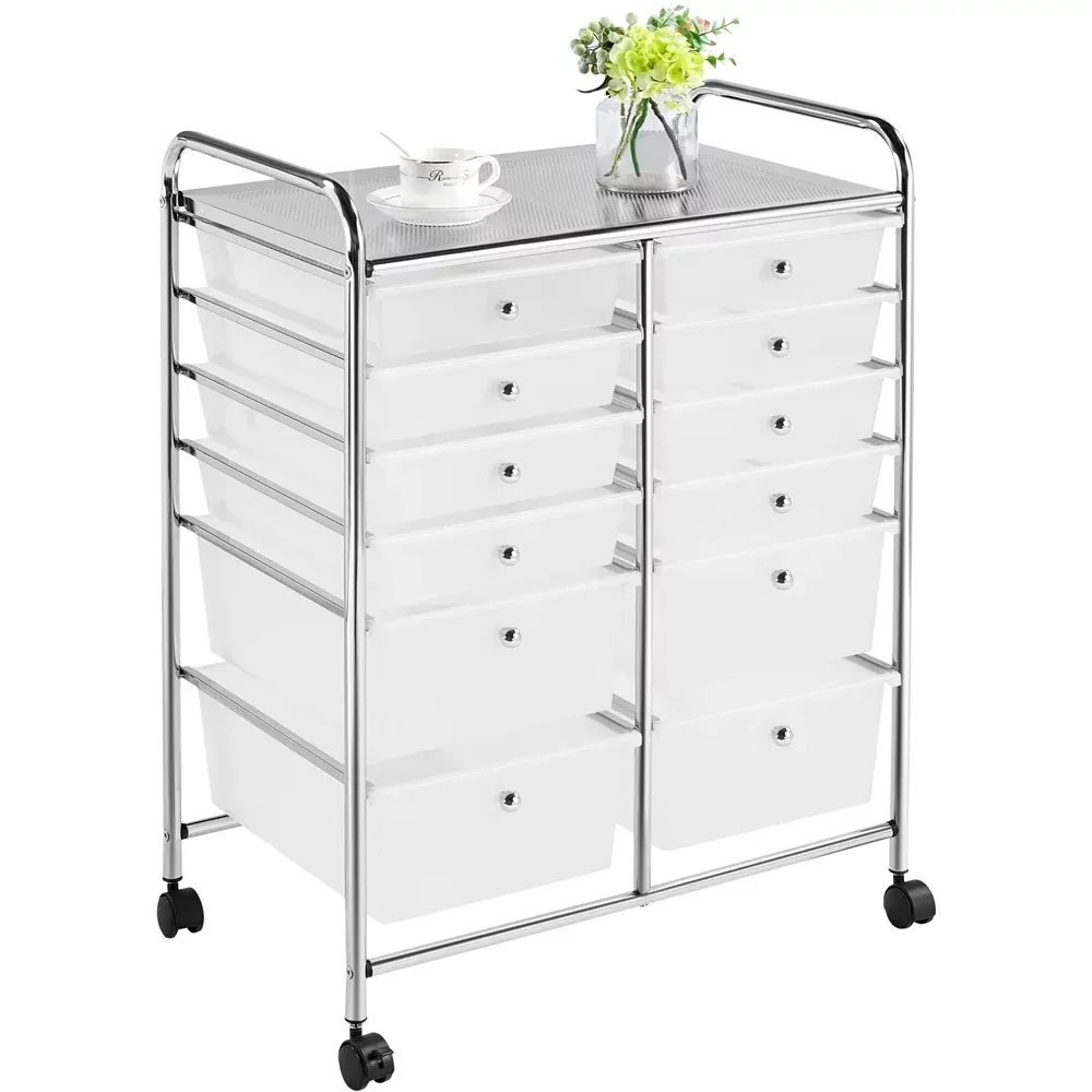 

12 Drawer Rolling Storage Cart Organizer with Lockable Wheels, White Home Storage Containers Organizer