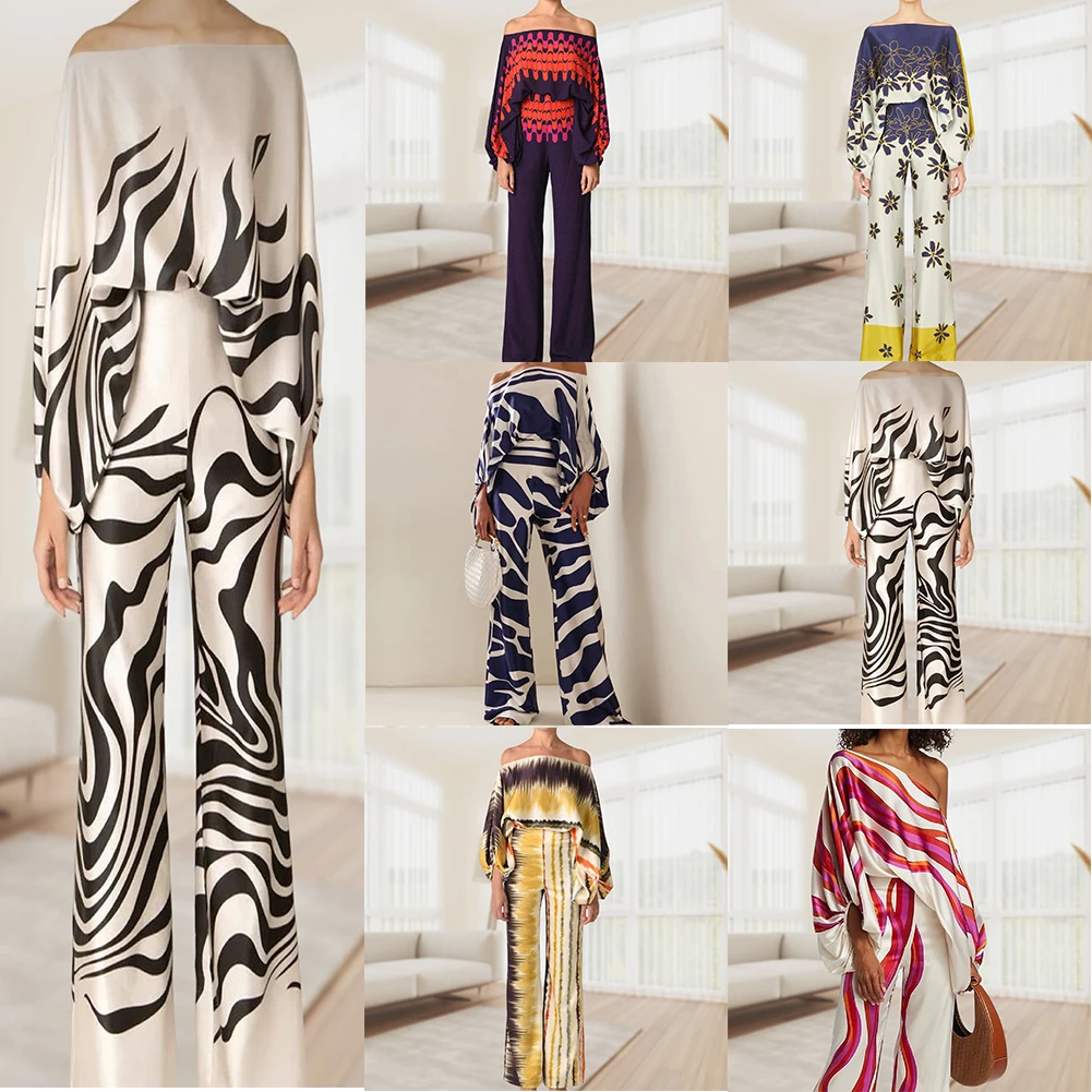 

Женский атласный деловой костюм, модные женские топы с открытыми плечами и длинными брюками, повседневный костюм в полоску с длинным рукавом для коктейлей