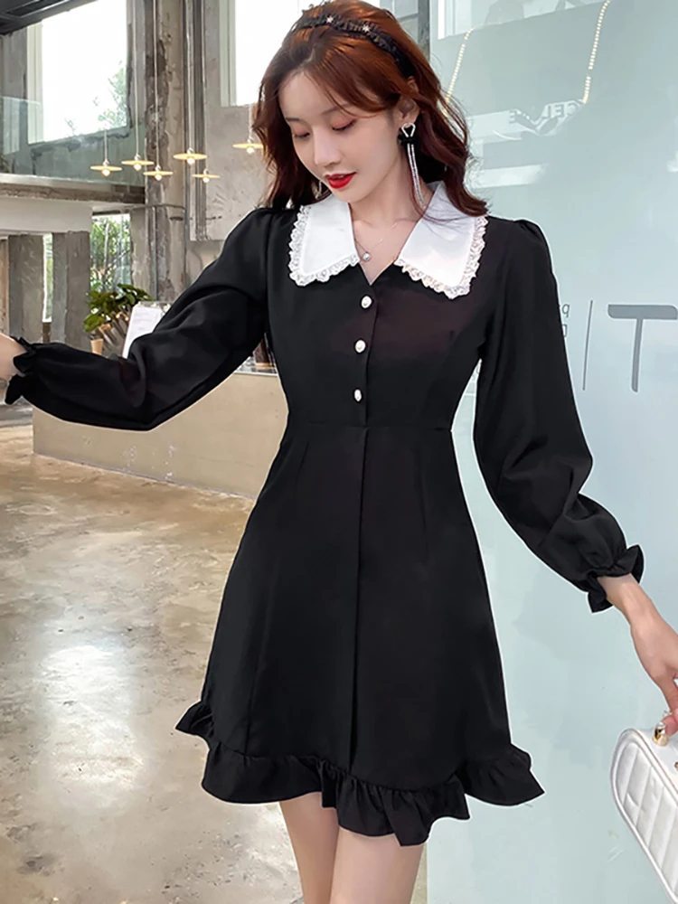 

Женское черное мини-платье с длинным рукавом и оборками, с кукольным воротником, Осень-зима, корейское винтажное платье Хепберн, новинка 2023, ...