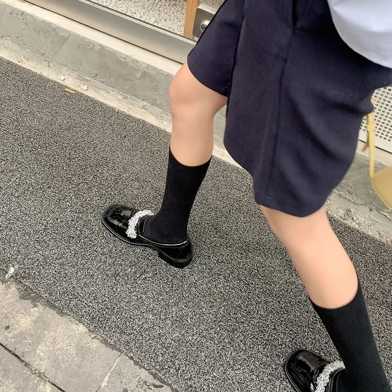 

Flats Gothic Women Lolita Shoes Square Toe All- Match Crystals Footwear Slip On Cow Leather Loafers Zapatos Mujer