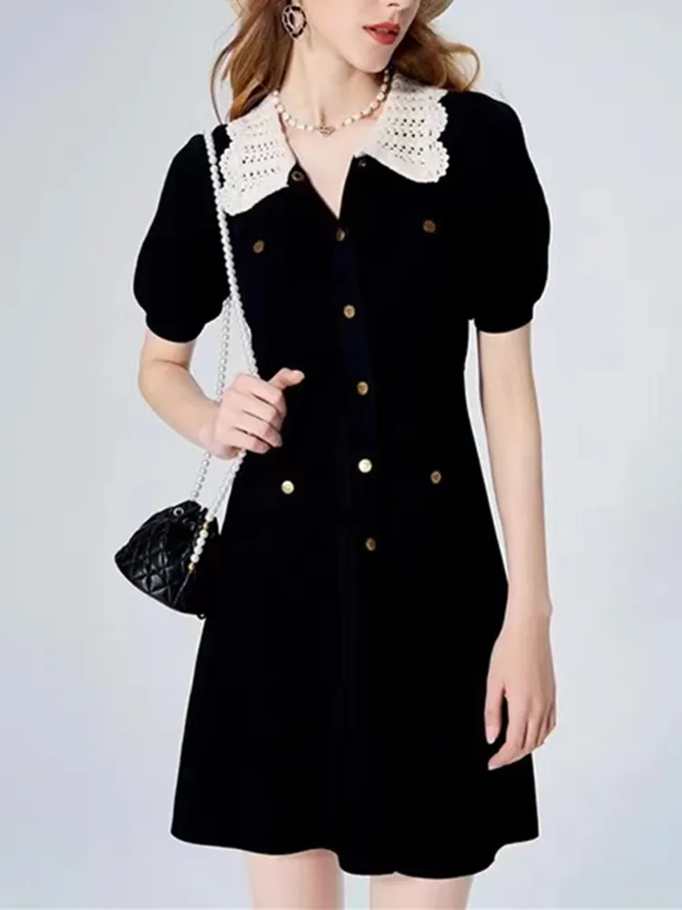 

Women Mini Dress Puff Sleeve Knitted Single Breasted A-Line Casual Robe