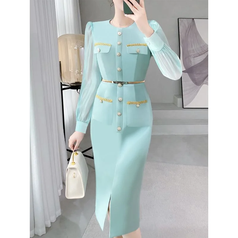 

Blue Little Fragrant Dress Female Spring Celebrity Temperament Professional Commuting Sister O Neck Senior Dress Spring Female