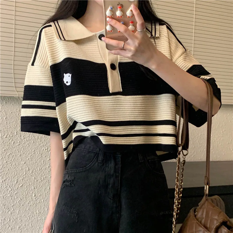 

Women summer fashion stripe loose casual knitted polo shirt