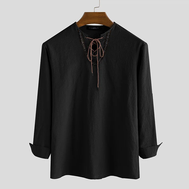 Mattswag Mens Solid Cotton V Neck Embroidery Shirts Fashion Lace Up Pullover Men's Clothing Casual Handsome Shirts Camisa Hombre