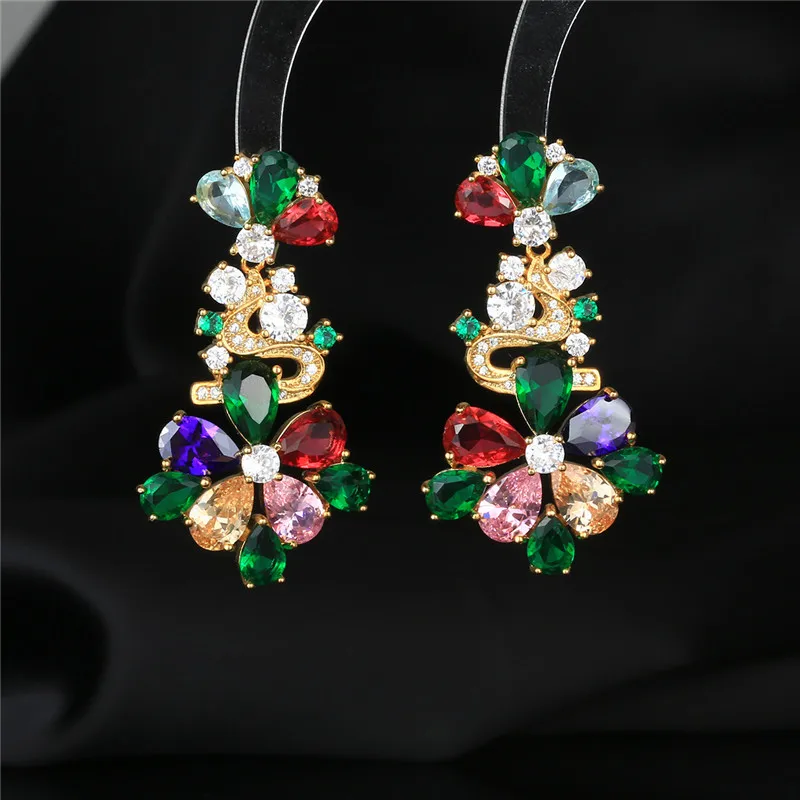 

high-end design Fashion Colorful Cubic Zirconia Flower Dangle Earrings for Women Luxury Wedding Party Stud Earrings