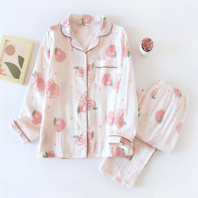 Pajamas Set For Women Peach Patterns Cotton Knitted Long Sleeves Sleepwear PJ Set Pink Soft 2 Pieces Pajamas