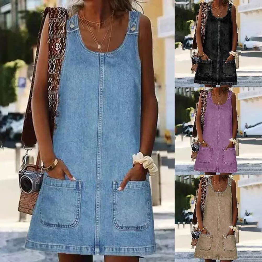 

Above Knee Straight Pure Color Summer Faux Denim Dress for Daily Wear