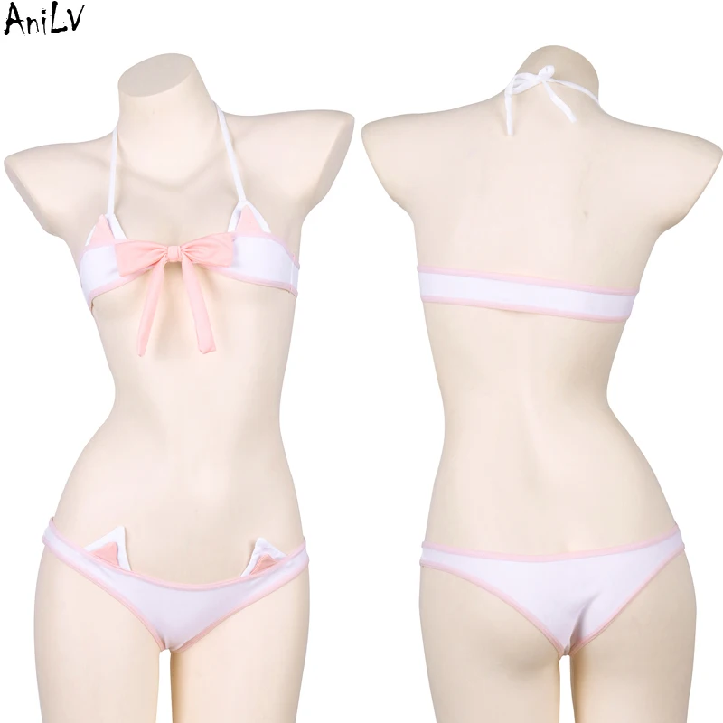 

AniLV Summer Beach Anime Lolita Girl Cute Cat Pink Bikini Swimstuit Swimwear Unifrom Women Lingerie Outfits Costumes Cosplay