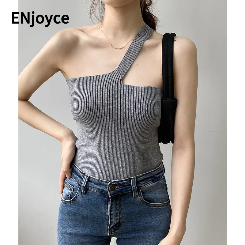 

Trendy Runway Sexy One Shoulder Solid Strap Camisole Women Knitted Vest Ladies Slim Knitwear Sling Tank Top Camis Cropped Tops