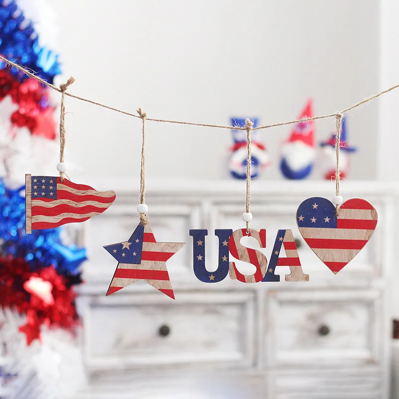 

4Pcs/Set American Flag Independent Day Party July Fourth Making Old Painted Wood Door Wall Tree Pendant DIY Home Decorations