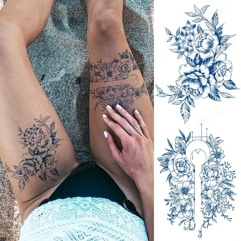 Розовые цветы пиона водостойкие Временные татуировки, бедра, ноги, пикантные, тело, краска, полуперманентные, 15 дней, стойкие татуировки-наклейки