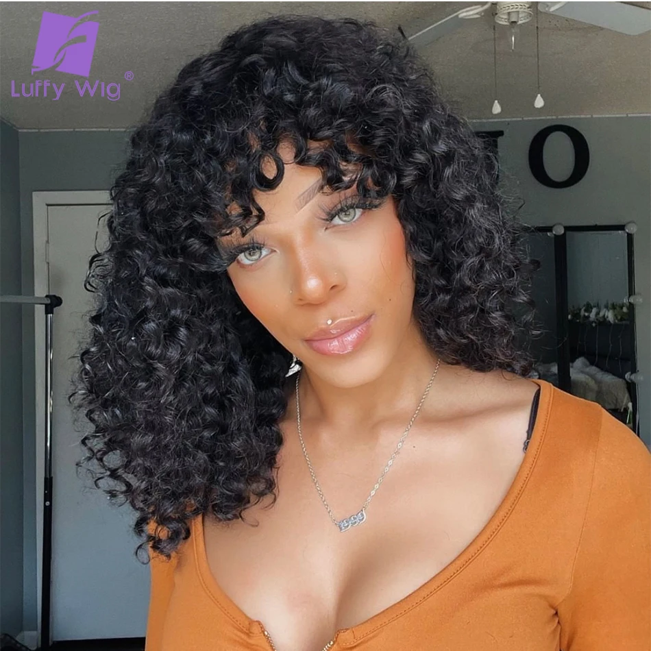 Loose Curly Short Bob Pixie Cut Wig With Bangs Human Hair Remy Brazilian Water Wave Glueless Wigs 150 Density Full Machine Wig