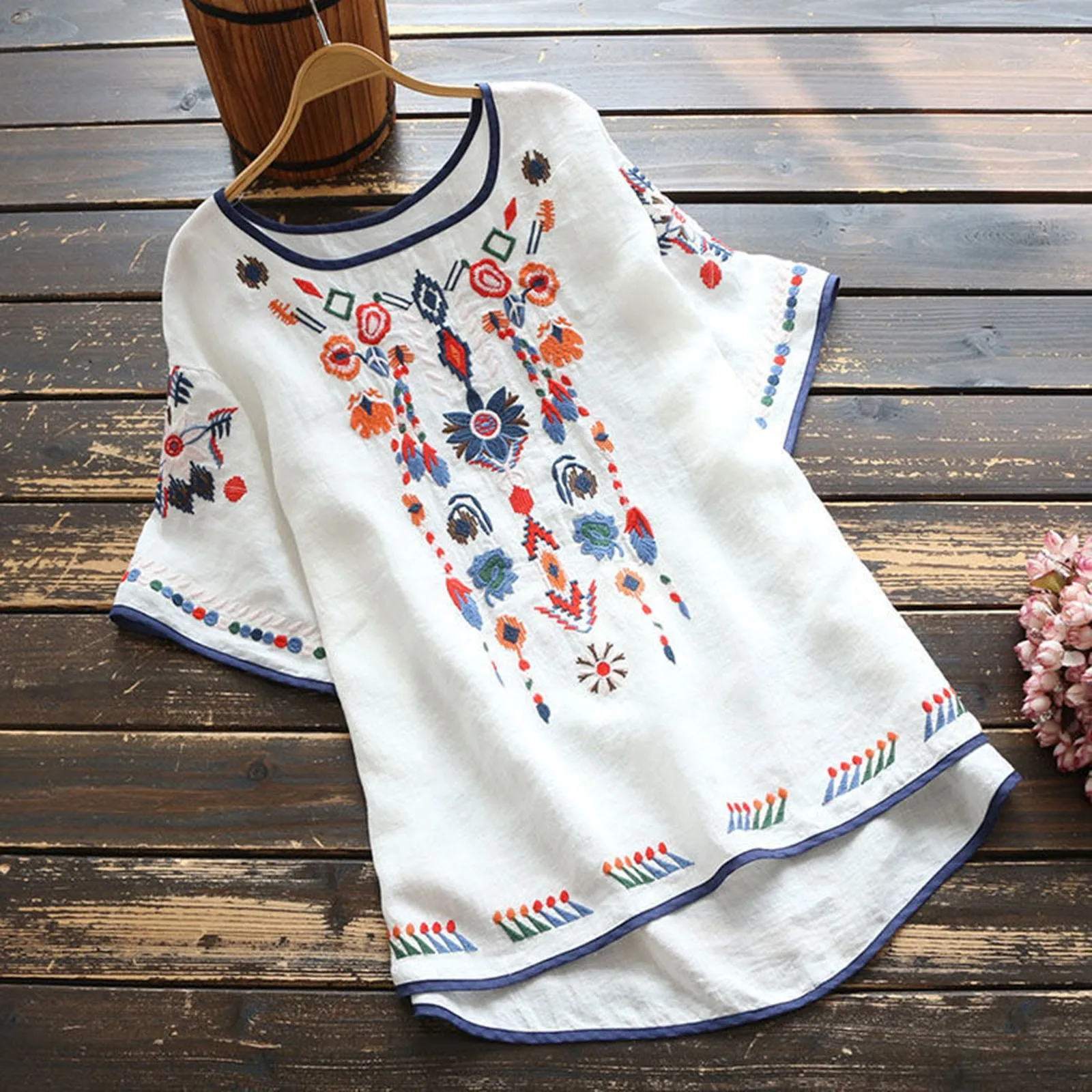 Luxury Embroidery Floral Tees Women Chinese Style Classic Loose Shirts Casual Vintage O Neck Short Sleeve Summer Blouse Tops
