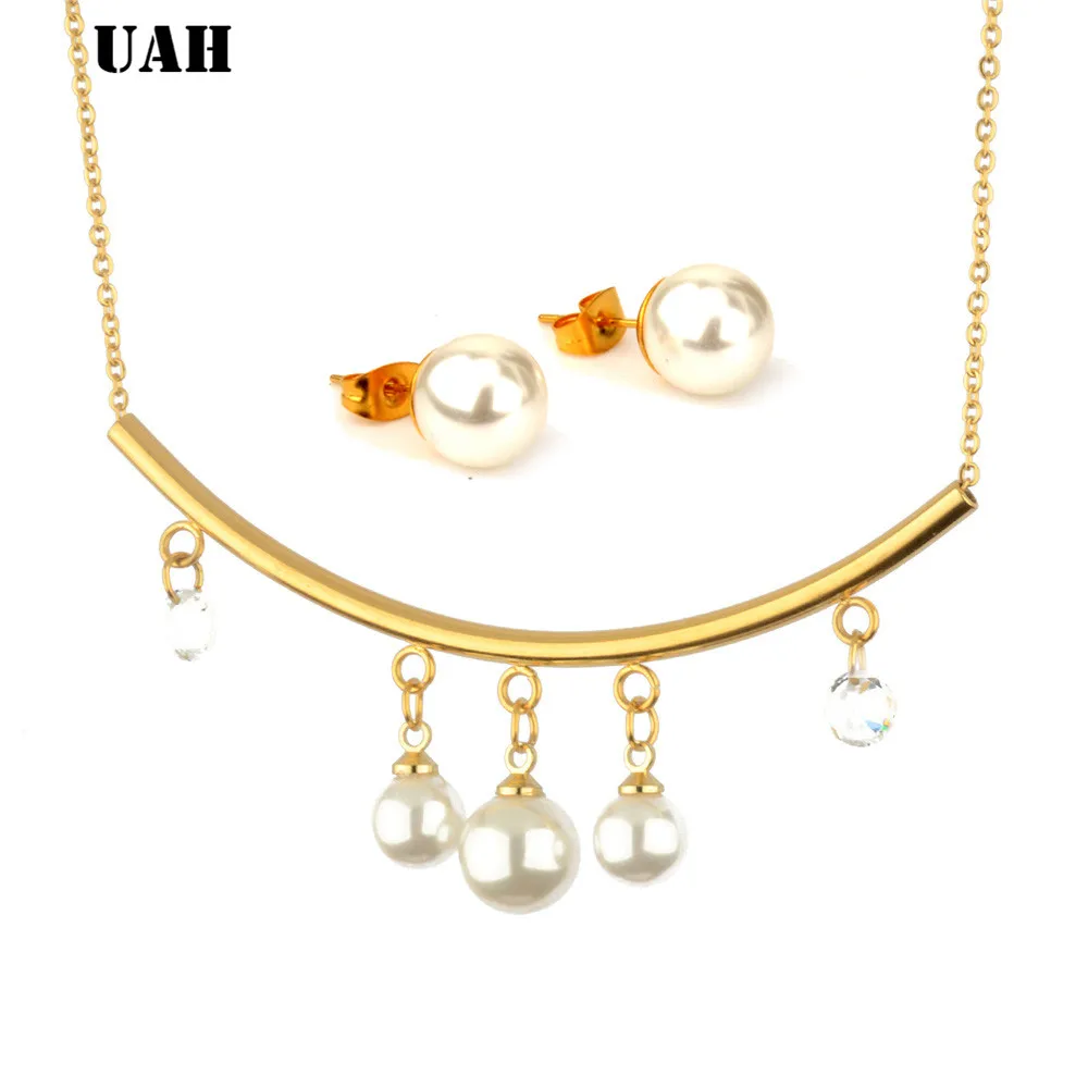Новинка 2019 г. набор ювелирных изделий из нержавеющей стали с круглым жемчугом и