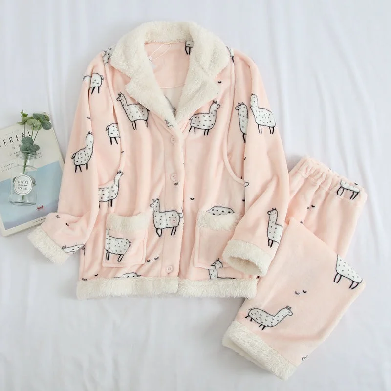 

QWEEK Pajamas for Women Winter Flannel Pocket Pijamas Postpartum Breastfeeding Clothes Sleepwear Pyjamas Loose and Warm Kawaii