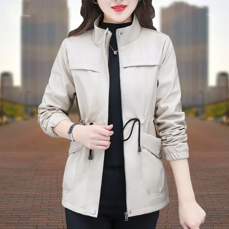 1pcs Women Long PU Leather Jackets Coat 2022 Autumn Faux Fur Zipper Splicing Bandage Stand Collar Ladies Skinny Locomotive Coats
