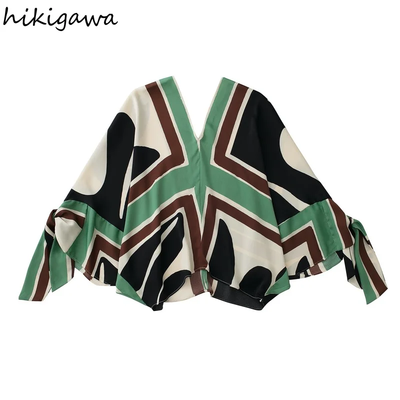 

Hikigawa Chic Fashion Woman Tops With Bow V Neck Printed Casual Women Shirts Vintage Female Long Sleeve Blouse Top Mujer