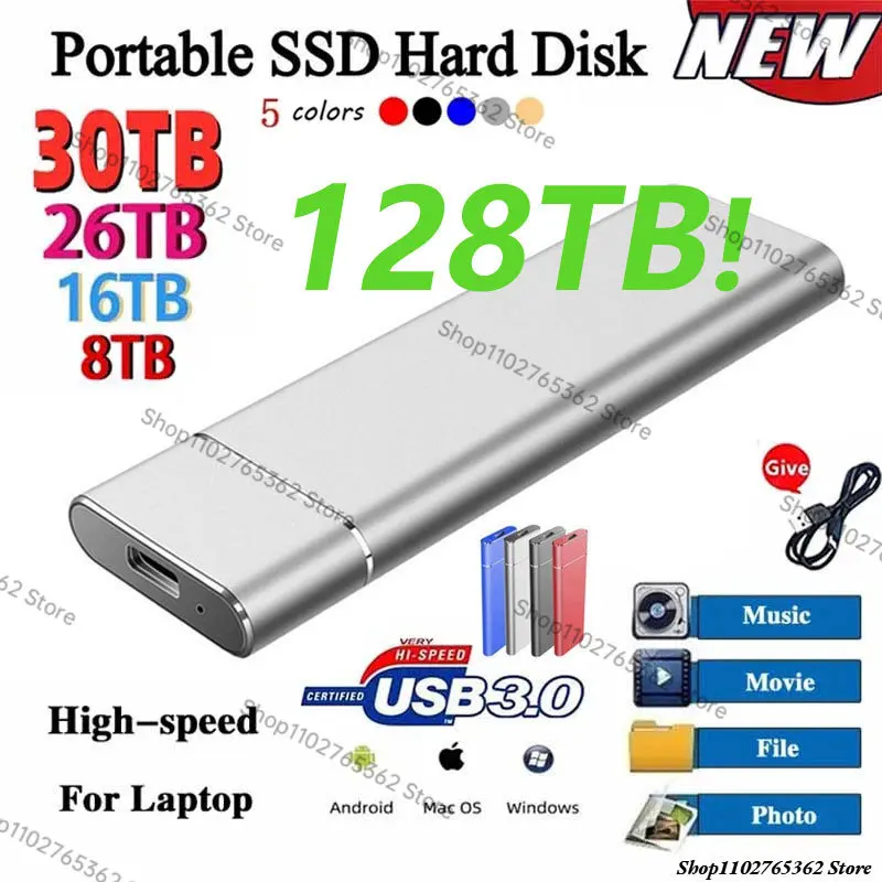 

High-Speed 2TB 4TB 8TB 16TB SSD Portable External Solid State Hard Drive 128TB USB3.1 Interface Mobile Hard disk For Laptop Mac