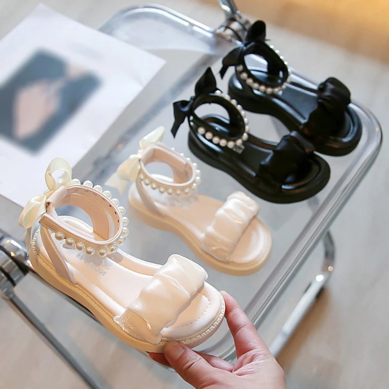 

Summer Baby Girl Children Kids Korean Style Simple Outdoor Play Princess Style Fresh Pearl Bowknot Design Soft Sole Sandals
