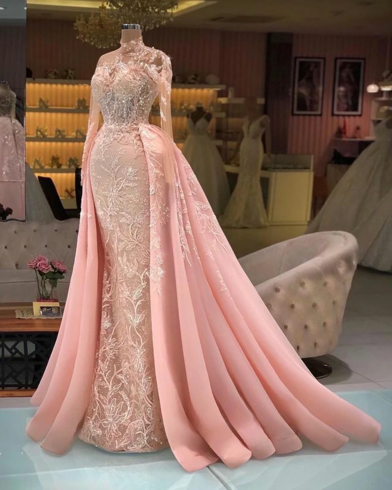 

Pink High Neck Evening Dresses Long Sleeves Appliques Beads Prom Dress With Sweep Train Party Celebrity Gowns Robe De Soiree