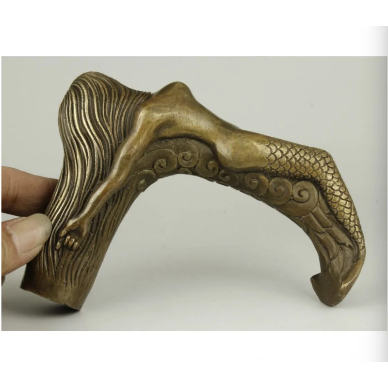 

Old Handmade Carving Bronze Mermaid Statue Cane Head Walking Sti