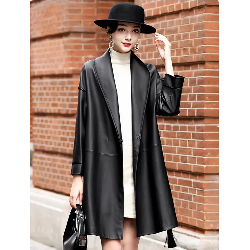 Enlarge Leather Trench Women's Spring And Autumn Loose V-Neck Mid Length Leather Coat Fashion Black Sheepskin All Matching Coat