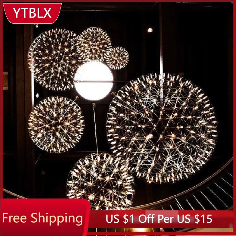 

Creative sphere spark ball led chandelier starry bar stainless steel engineering atrium staircase shopping mall pendant lamp