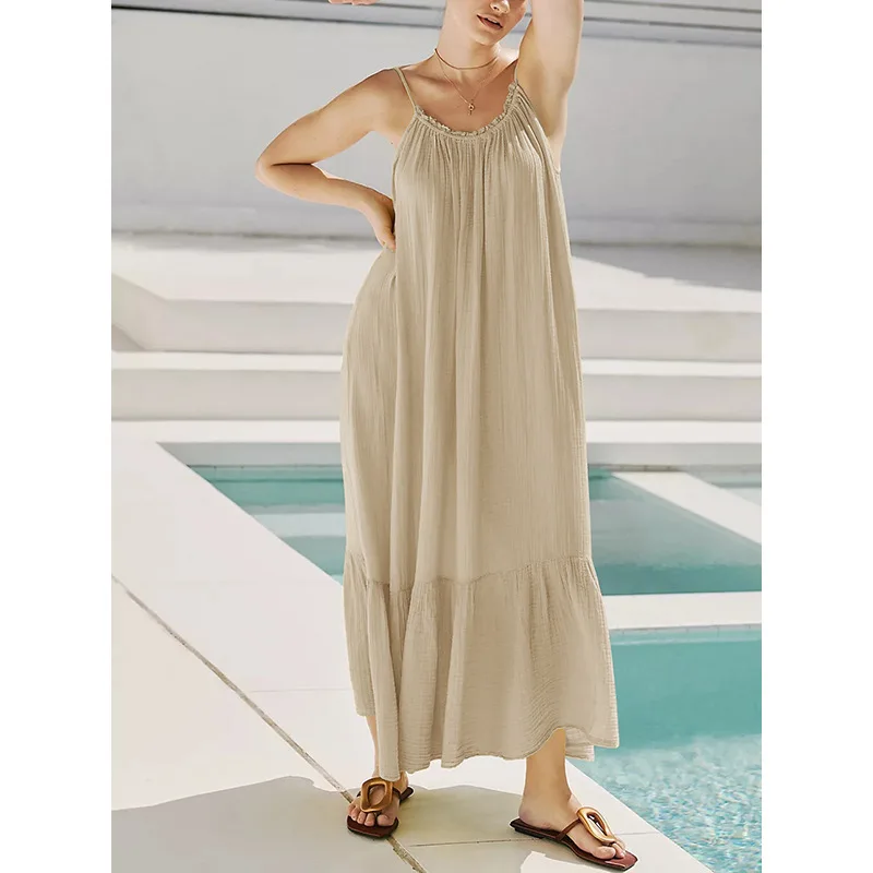 Платье-Макси женское пляжное ТРАПЕЦИЕВИДНОЕ без рукавов из 100% хлопка