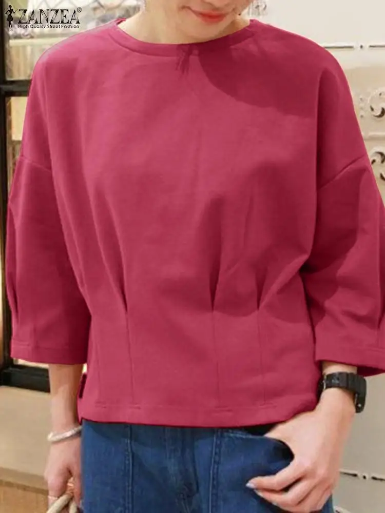 

ZANZEA Fashion Autumn O Neck 3/4 Sleeve Tops Women Vintage Solid Pullover Casual Loose Shirt Work Blusas Casual Solid Blouse