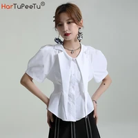 short sleeve blouse women 2022 summer tops puff sleeve peaked lapel slim fit korean style shirts streetwear