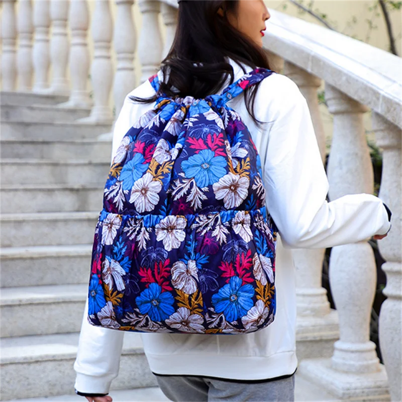 

Fashion Drawstring Backpacks Women Lightweight Large Capacity Flower Ethnic Style Waterproof Nylon Rucksack Shoulders Backpacks