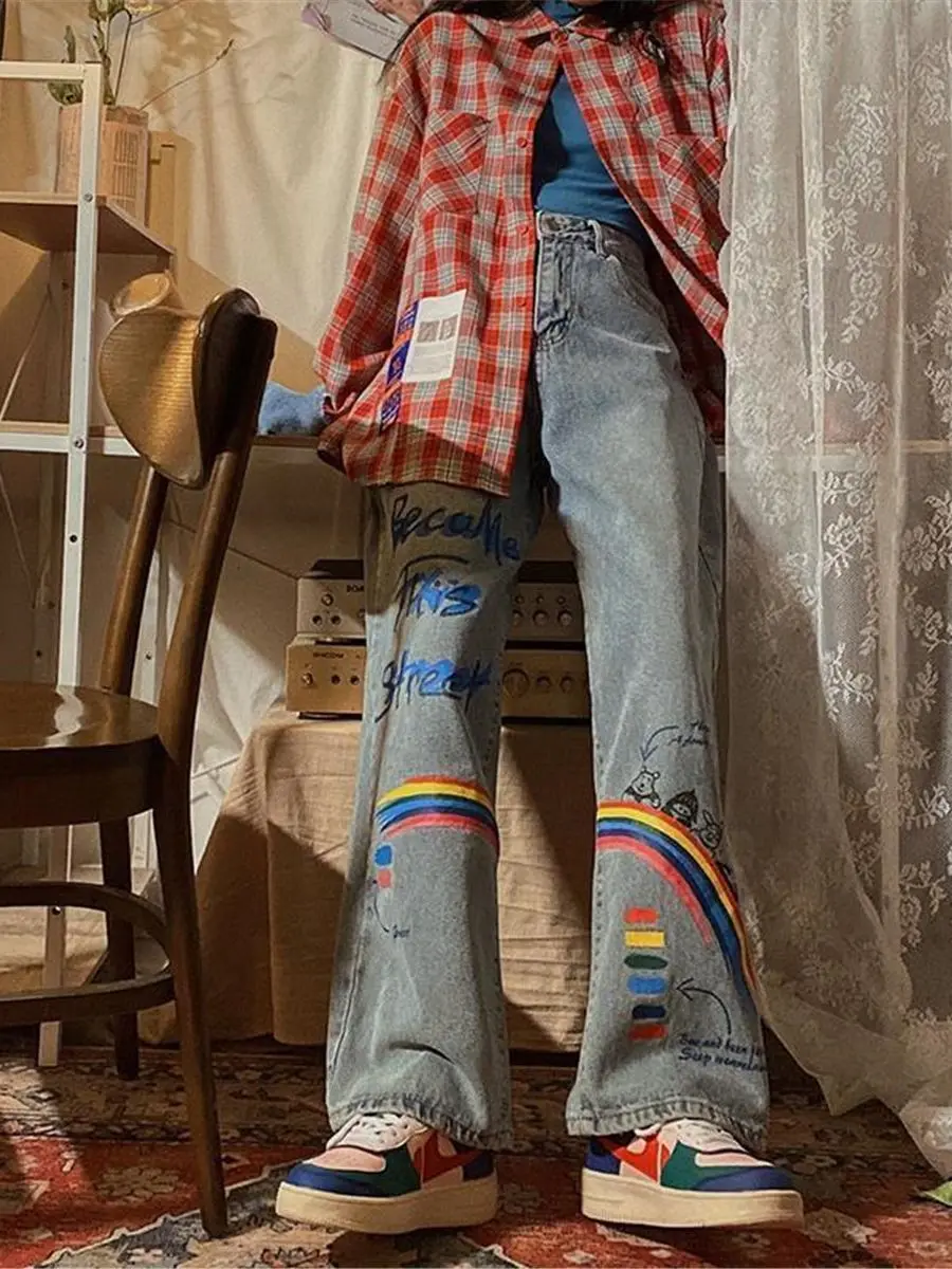 Модные радужные джинсы для девушек Ulzzang прямые брюки с широкими штанинами в стиле