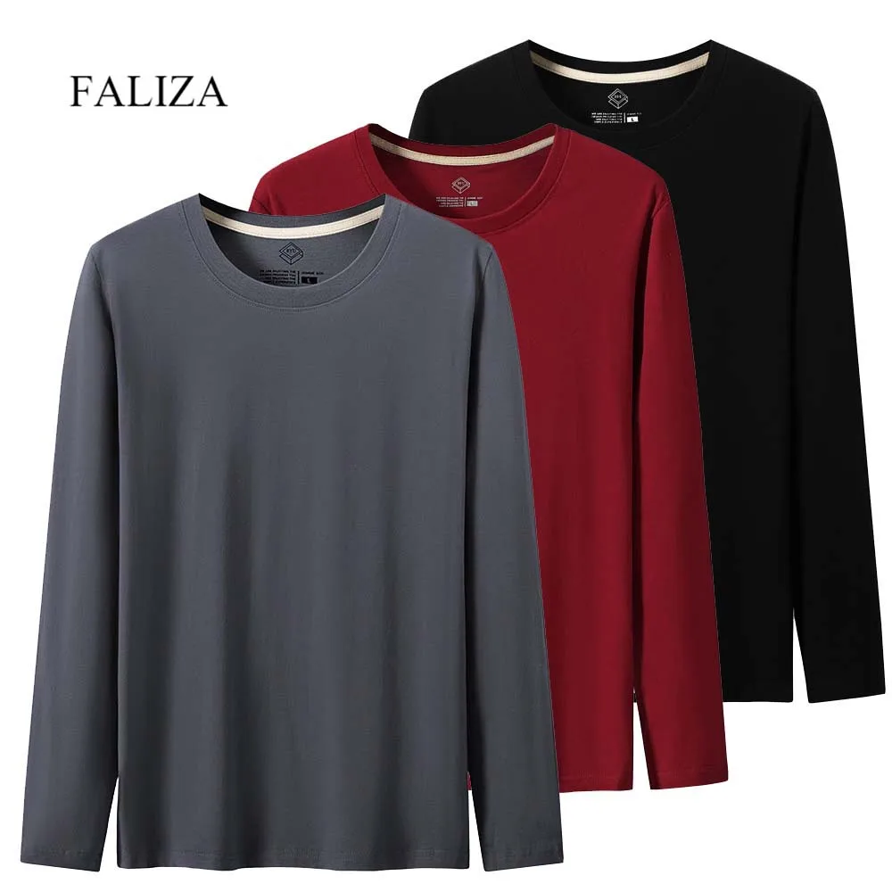 FALIZA 3 шт./лот мужские футболки с длинным рукавом однотонная 100% хлопковая - Цена: 2865.34
