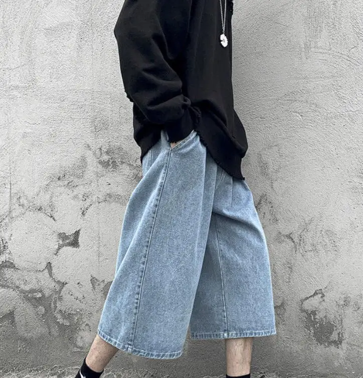 Men's Summer Pants Straight Jeans Thin Loose Wide Leg Cropped Shorts Denim Pants