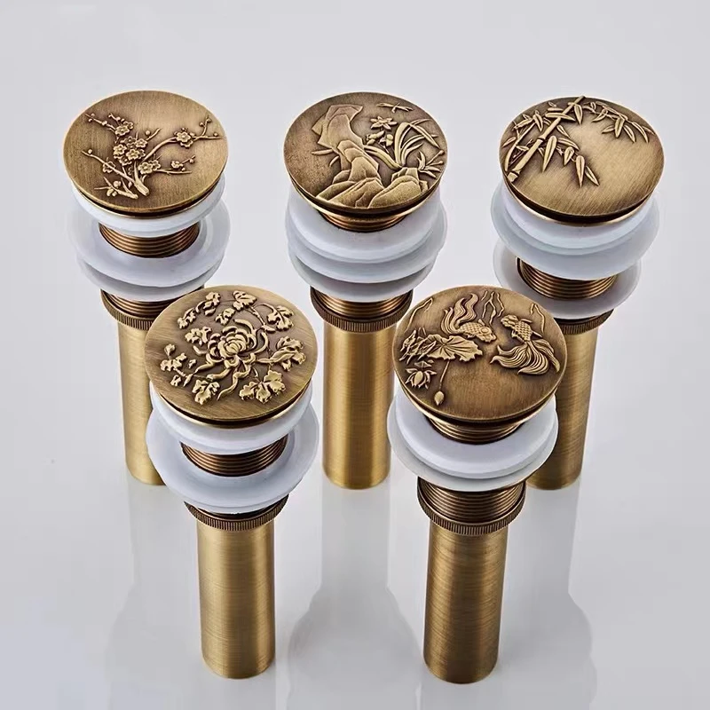 

Basin Drainer Antique Brass High Quality Bathroom Pop Up Type Drain Surface Carved Pattern Basin Drainer Hardware Accessories