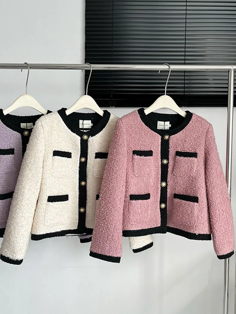 Contrast Color Patchwork Korean Style Women Outer 2022 O-neck Autumn Winter Retro Lady Jacket Coat High Quality Classic Clothes