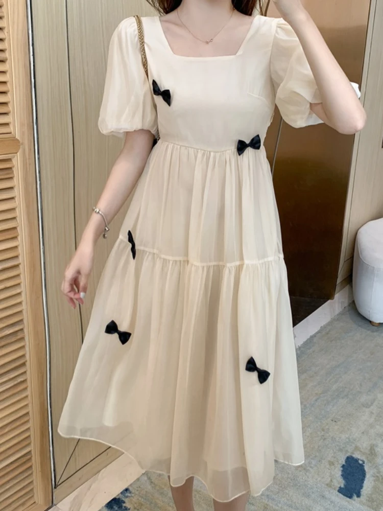 

Women's Spring Summer Elegant Mesh Midi Dress Short Sleeve Pleated Casual A-Line Party Vestidos Female Fashion Outwear Clothes