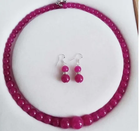 

new 6-14mm Genuine Rose Ruby Gemstones Round Necklace Earrings Set 18"