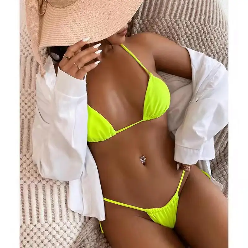 

Women 3 Pieces Swimsuits Sexy Solid Color High Cut Halter Bikini Bra+Thong+See-through Dress Cover Ups Female Brazilian Biquinis