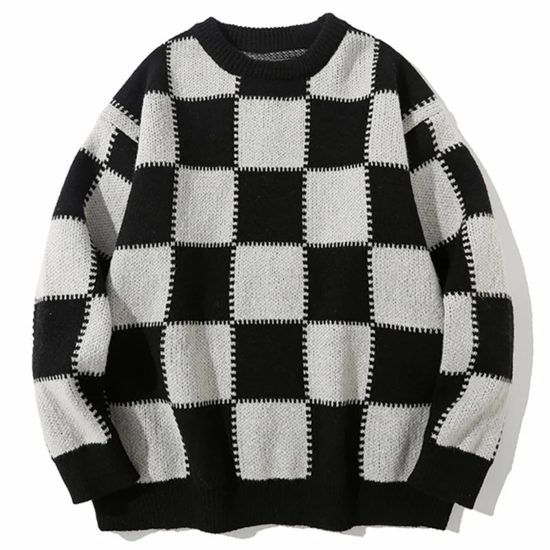 

Spring High Street Plaid Sweater Vintage Men Pullovers Japanese Style Hip Hop Streetwear Couples Loose Wool Oversized