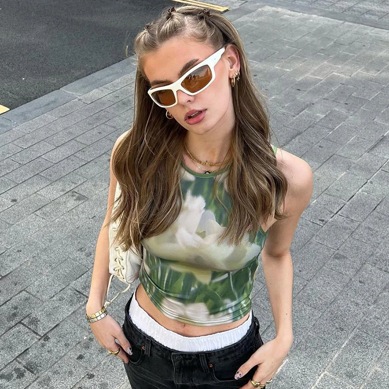 

Женская футболка с принтом, укороченная футболка с круглым вырезом, без рукавов, y2k, жилет для девушек, лето 2000