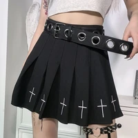 2022 new summer pleated women streetwear wild black skirts gothic a line embroidery sexy elastic waist lolita college mini skirt