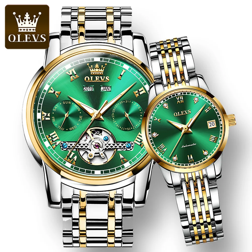 OLEVS Full-automatic Automatic Mechanical Couple  Wristwatch Waterproof Fashion Stainless Steel Strap Watches for Couple